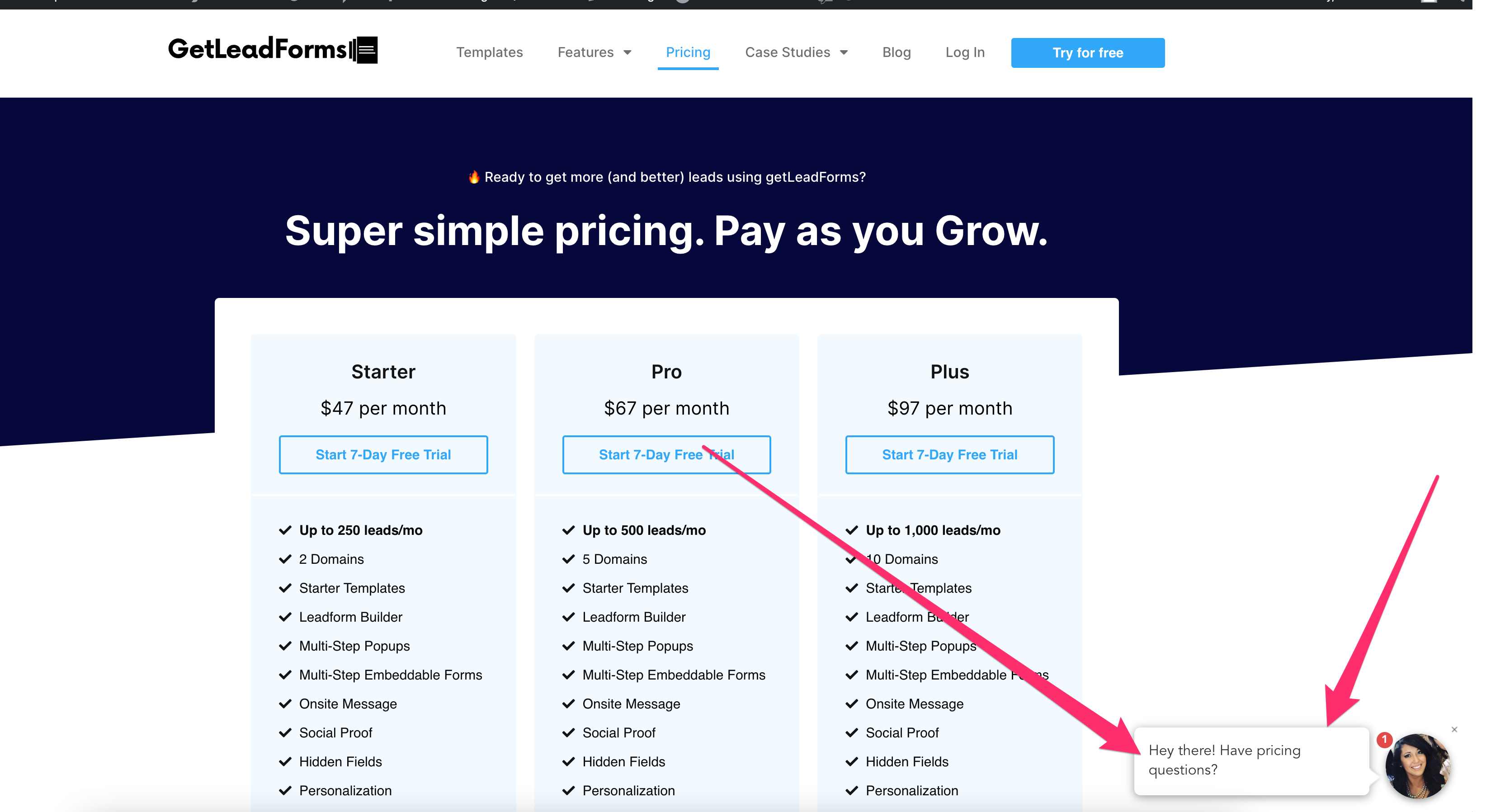 onsite message on pricing page
