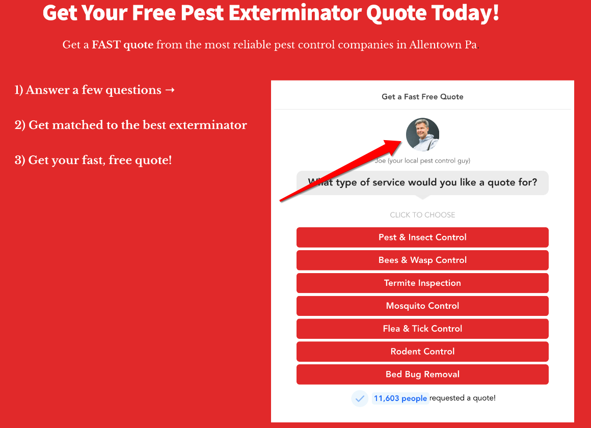 pest control landing page form with image of person
