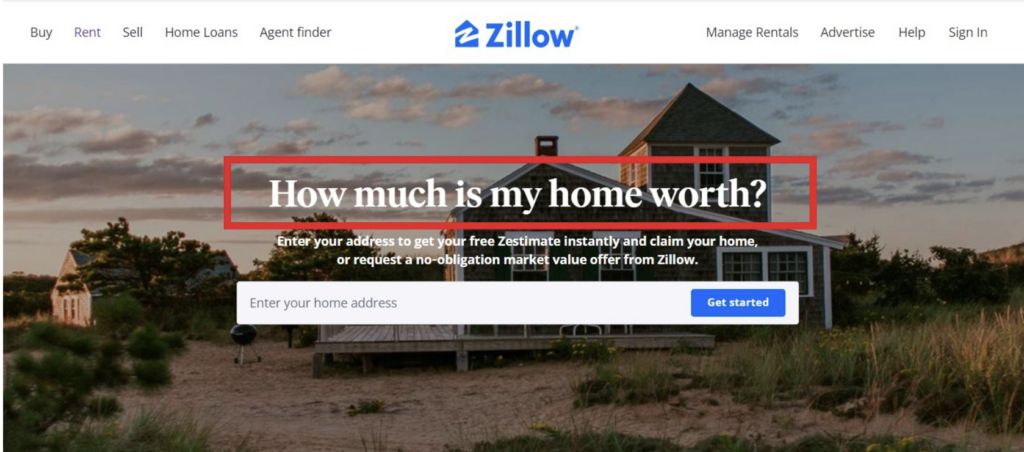 Zillow landing page with home valuation form