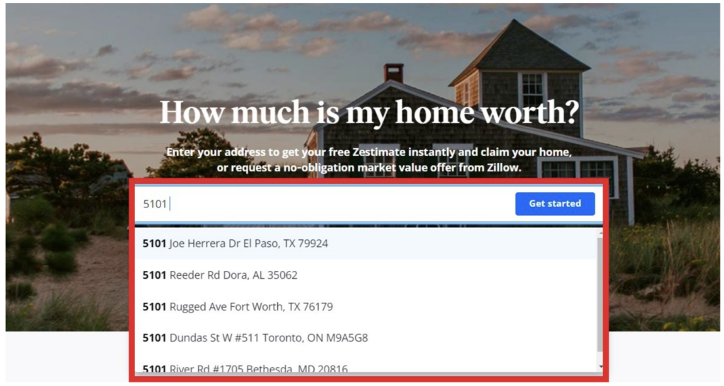 Typing address into zillow landing page with auto complete
