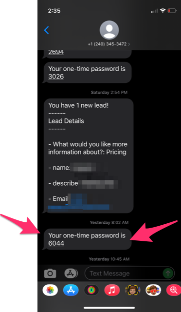 receiving an OTP pin code through text