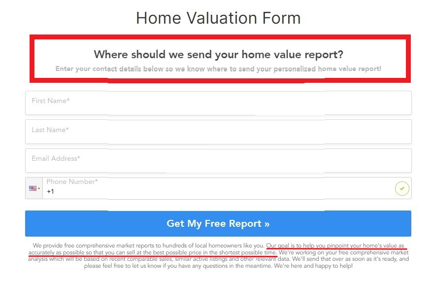 example of the contact form of a home valuation form